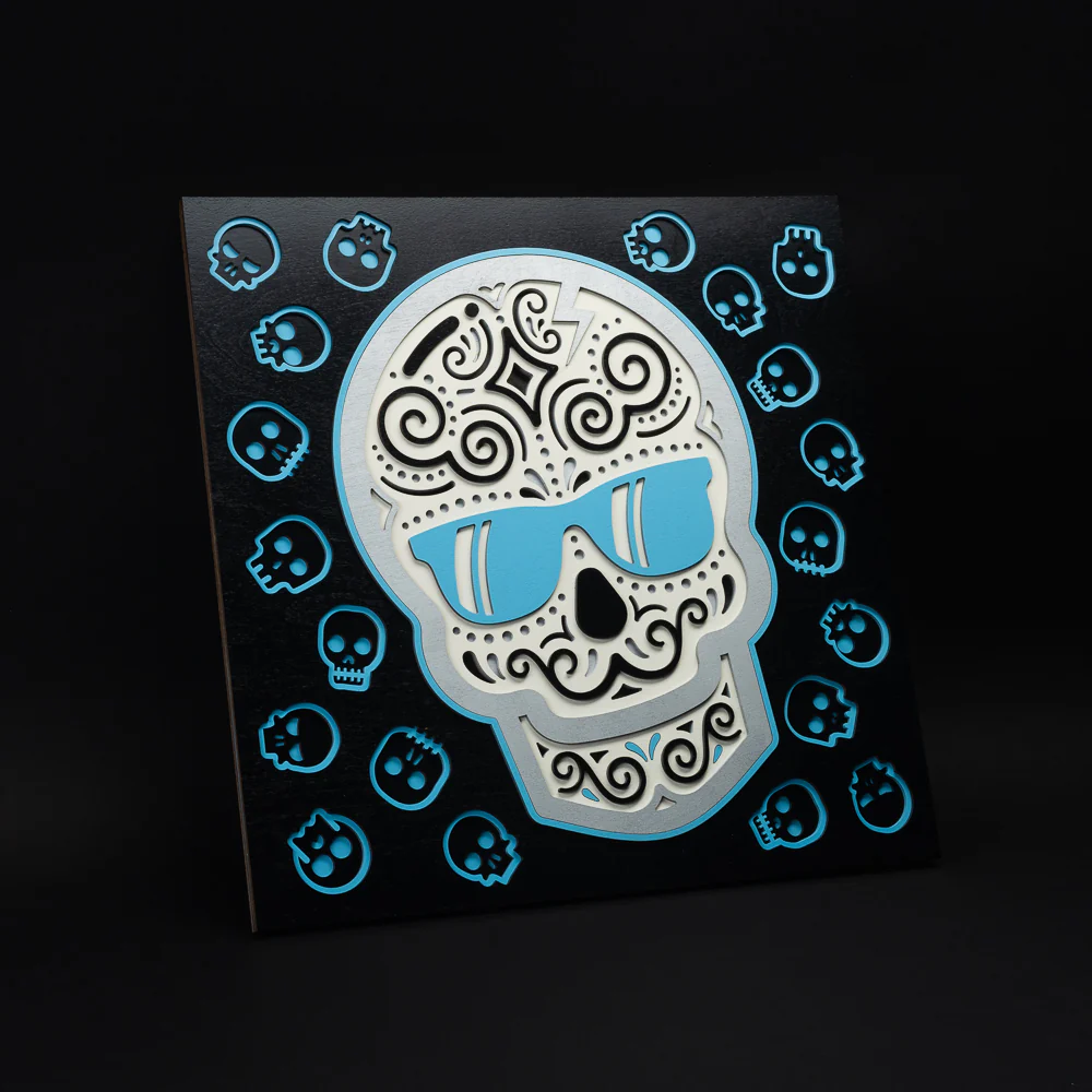 Sugar Skull Black & Blue Wood Wall Art